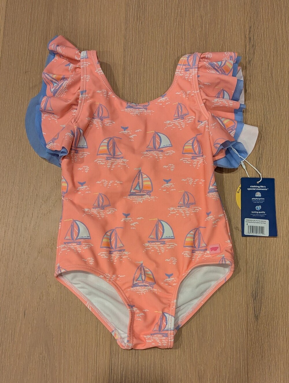Girls Coral Sailboat One-Piece Swimsuit with Ruffle Sleeves